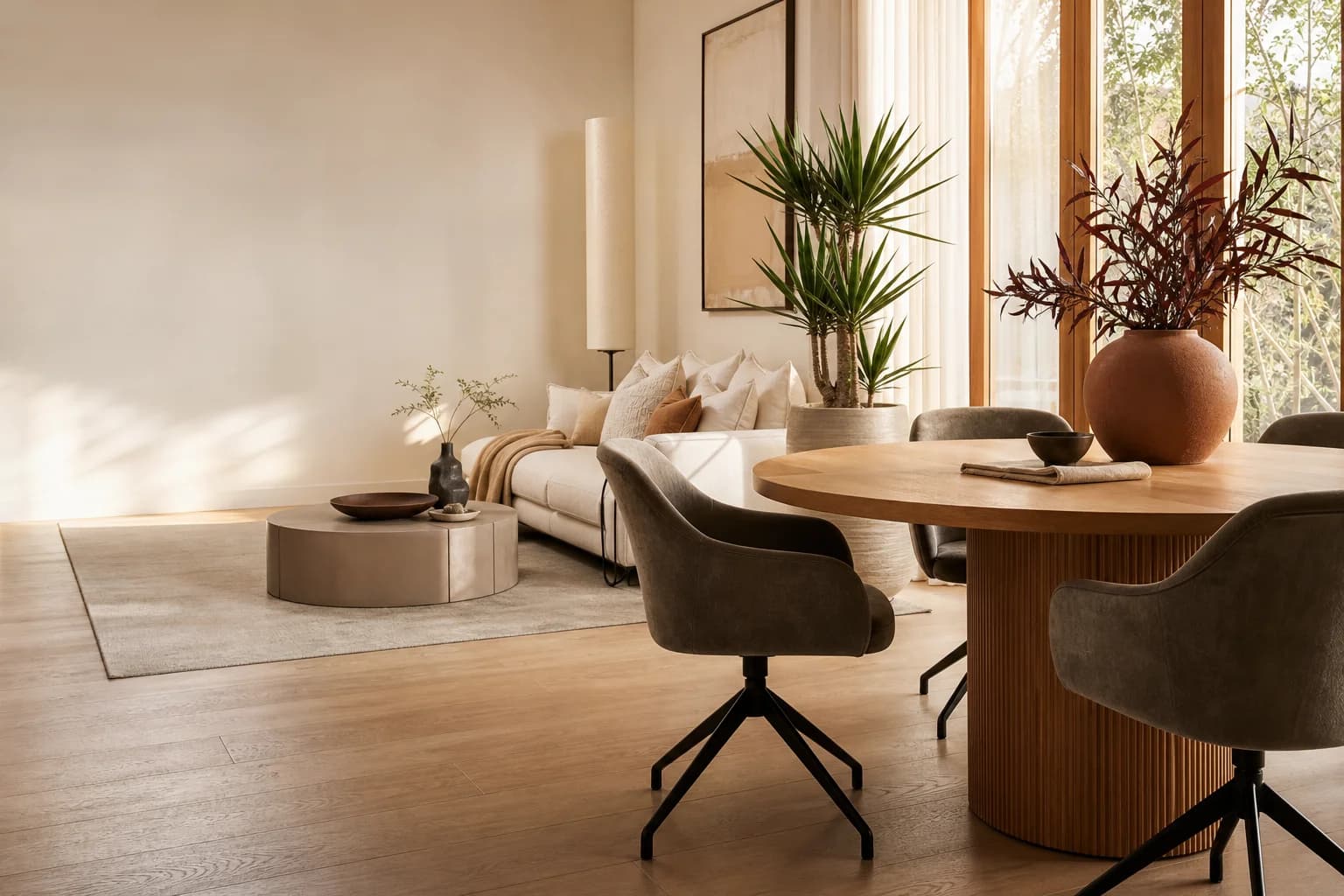 A warm modern living and dining room with oak table, velvet chairs and a linen sofa